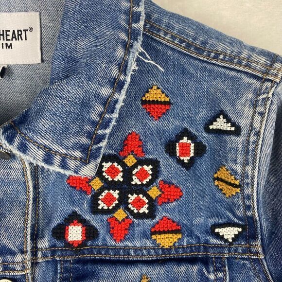 Velvet Heart Denim Jacket Womens Extra Small Blue Embroidered Pockets Casual - Picture 4 of 10